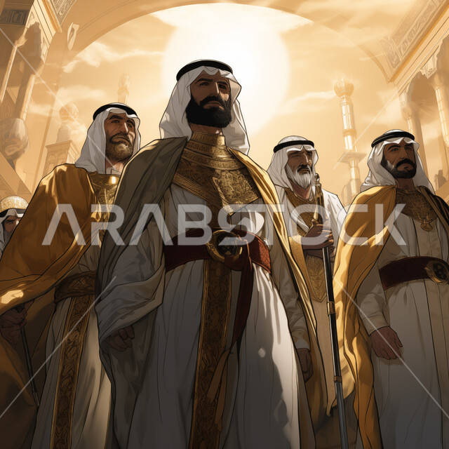 فن رسوم الكوميكس، صورة مقربة لرجال عرب خليجيين سعوديين يرتدون الزي التقليدي الشعبي القديم، الاجتماع في القرية القديمة، الاستعداد لشيئ ما، يوم بدينا 1727م, ذكرى تأسيس الدولة السعودية الأولى في 22 فبراير