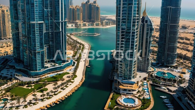  الفن الهندسي المعماري المتطور للمنشآت التجارية والسكنية في شاطئ جميرة، المباني والمنتجعات الفاخرة في الإمارات العربية المتحدة، صورة جوية لناطحات السحاب والأبراج في مرسى دبي
