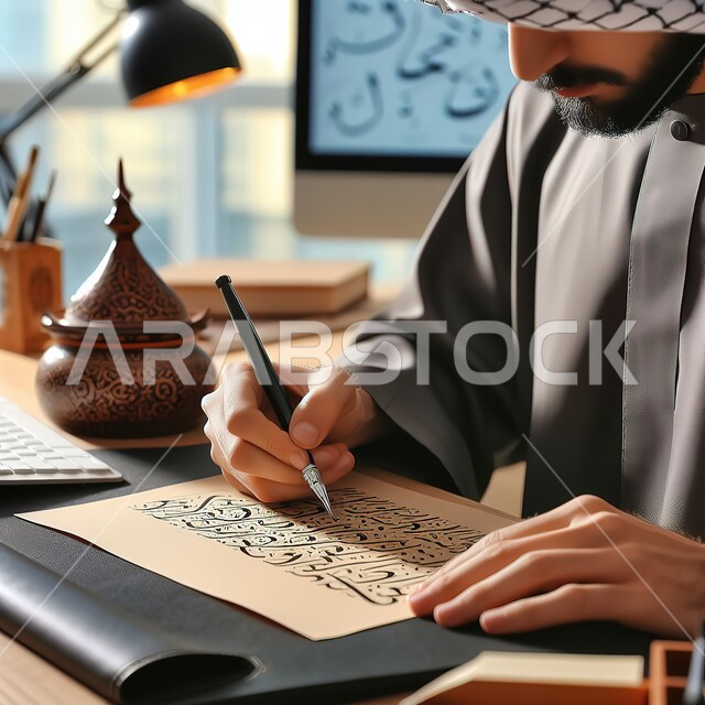 مهن وحرف يدوية في المملكة العربية السعودية، فنون التخطيط والزخارف الإسلامية، صورة مقربة لخطاط سعودي يرتدي الزي التقليدي يقوم بالكتابة بالخط العربي، العمل بجد وإتـقان