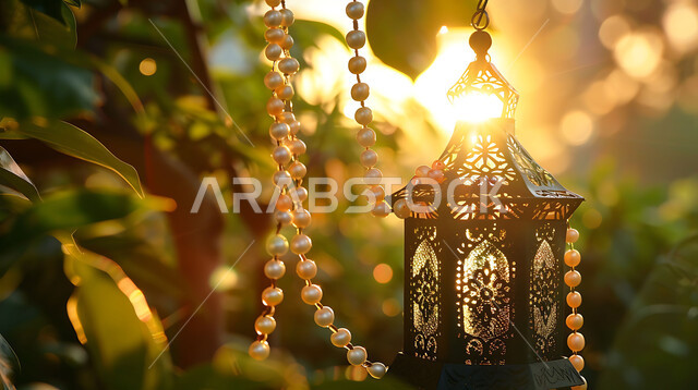 Traditional Arabic decorations to welcome the holy month of Ramadan, the Islamic art of antiques, accessories and illuminated lanterns, a close-up of a hanging decorative illuminated metal lantern, decorations and lights in the spiritual Ramadan atmosphere