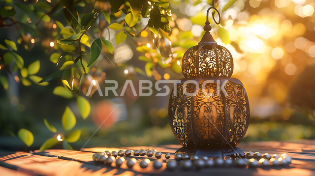 الديكورات والأنوار في الأجواء الرمضانية الروحانية، الفن الإسلامي للتحف والاكسسوارات والفوانيس المضيئة، الزينة التقليدية العربية لاستقبال شهر رمضان المبارك، صورة مقربة لفانوس معدني مضيئ مزخرف على طاولة خشبية