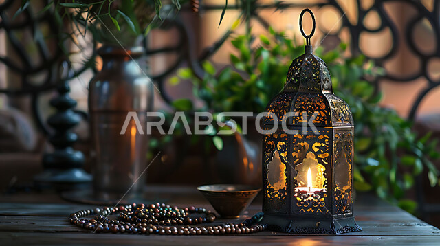 الأنوار والديكورات في الأجواء الرمضانية الروحانية، الفن الإسلامي للتحف والاكسسوارات والفوانيس المضيئة، الزينة التقليدية العربية لاستقبال شهر رمضان المبارك، صورة مقربة لفانوس معدني مضيئ مزخرف على طاولة خشبية