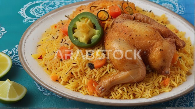 طبق من أرز المندي مع الدجاج المشوي والخضار الطازج ، فنون تقديم الطعام في المطاعم الشرقية ، مأكولات وأطباق عربية تقليدية ، صحن من رز الكبسة ، وصفات الطعام الصحية الشهية