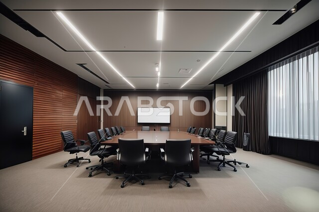 مكتب عمل مزود بشاشة تلفاز فارغة، غرف مكتبية بتصاميم داخلية وديكورات راقية، تصميم عصري حديث لمكاتب الشركات السعودية، غرفة اجتماعات واسعة مع طاولة محاطة بكراسي فاخرة