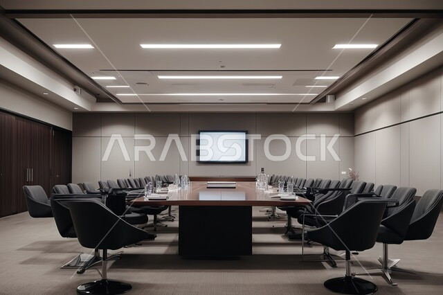 غرف مكتبية بتصاميم داخلية وديكورات راقية، مكتب عمل مزود بشاشة تلفاز فارغة، تصميم عصري حديث لمكاتب الشركات السعودية، غرفة اجتماعات واسعة مع طاولة محاطة بكراسي فاخرة