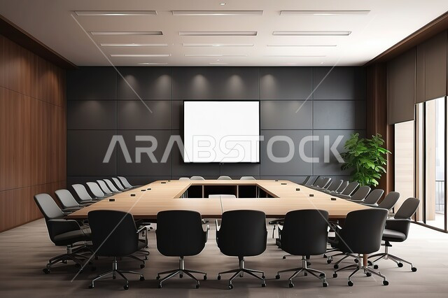 غرفة اجتماعات واسعة مع طاولة محاطة بكراسي فاخرة، تصميم عصري حديث لمكاتب الشركات السعودية، مكتب عمل مزود بشاشة تلفاز فارغة، غرف مكتبية بتصاميم داخلية وديكورات راقية