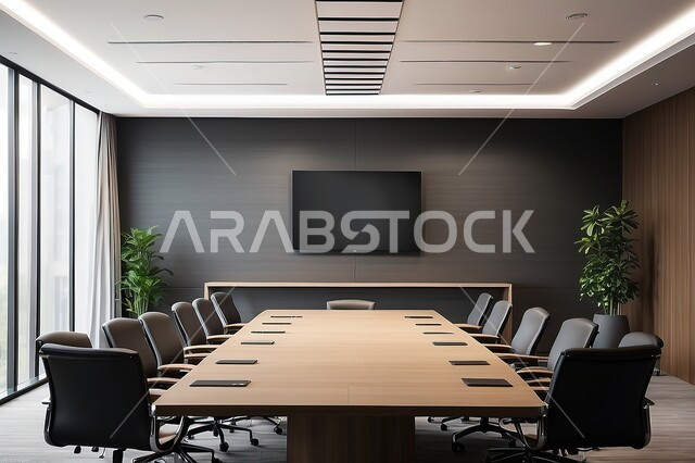 تصميم عصري حديث لمكاتب الشركات السعودية، مكتب عمل مزود بشاشة تلفاز فارغة، غرف مكتبية بتصاميم داخلية وديكورات راقية، غرفة اجتماعات واسعة مع طاولة محاطة بكراسي فاخرة