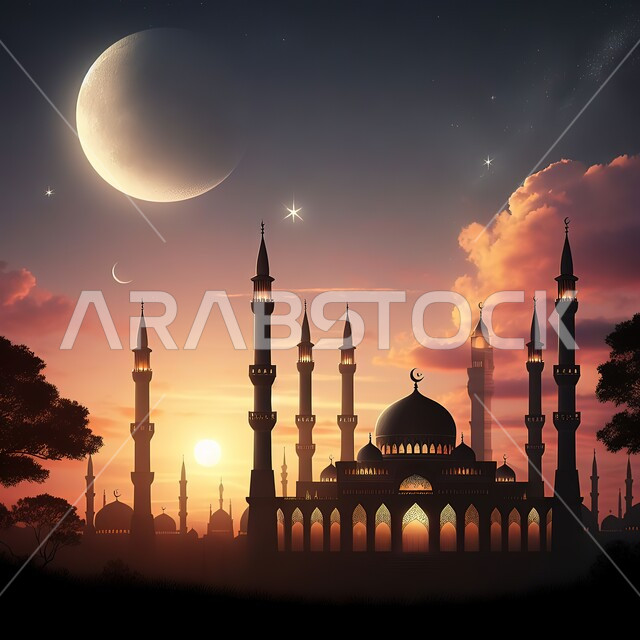 Starry sky background with Ramadan crescent, architectural engineering art for building mosques in the Kingdom of Saudi Arabia, silhouette of domes and minarets in modern modern Islamic style, worship and getting closer to God, Islamic holy places, Salwit
