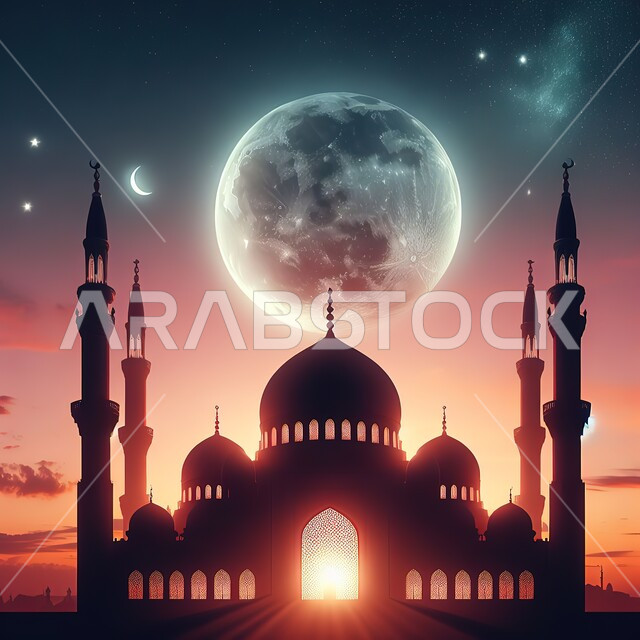 العباده والتقرب إلى الله، الفن الهندسي المعماري لبناء المساجد في المملكة العربية السعودية، صورة ظلية للقبب و المآذن على الطراز الإسلامي العصري الحديث، أماكن اسلامية مقدسة، خلفية السماء المليئة بالنجوم مع القمر المضيء, سالويت