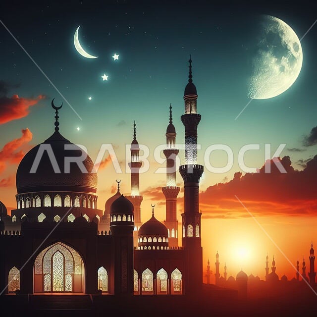 The starry sky with the illuminated moon, Islamic holy places in the modern Islamic style, worship and closeness to God, the architectural art of building mosques in the Kingdom of Saudi Arabia, silhouettes of domes and minarets at sunset, Salwit