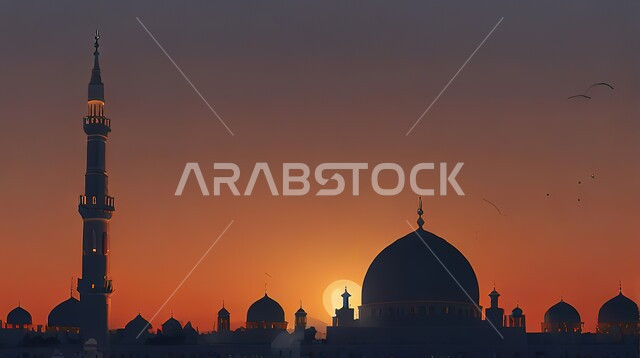 أماكن ومعالم اسلامية مقدسة على الطراز الإسلامي العصري الحديث، الفن الهندسي المعماري لبناء المساجد في المملكة العربية السعودية، العبادة التقرب إلى الله، صورة ظلية للقبب و المآذن وقت غروب الشمس, سالويت