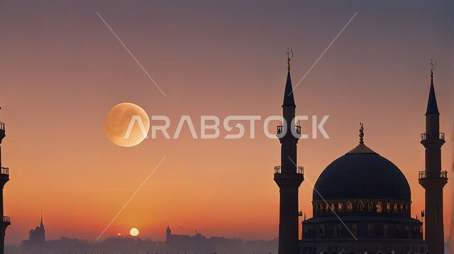 الفن الهندسي المعماري لبناء المساجد في المملكة العربية السعودية، العبادة التقرب إلى الله، معالم وأماكن اسلامية مقدسة على الطراز الإسلامي العصري الحديث، صورة ظلية للقبب و المآذن وقت غروب الشمس, سالويت