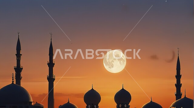 التقرب إلى الله والعبادة، معالم وأماكن اسلامية مقدسة على الطراز الإسلامي العصري الحديث، الفن الهندسي المعماري لبناء المساجد في المملكة العربية السعودية، صورة ظلية للقبب و المآذن وقت غروب الشمس, سالويت