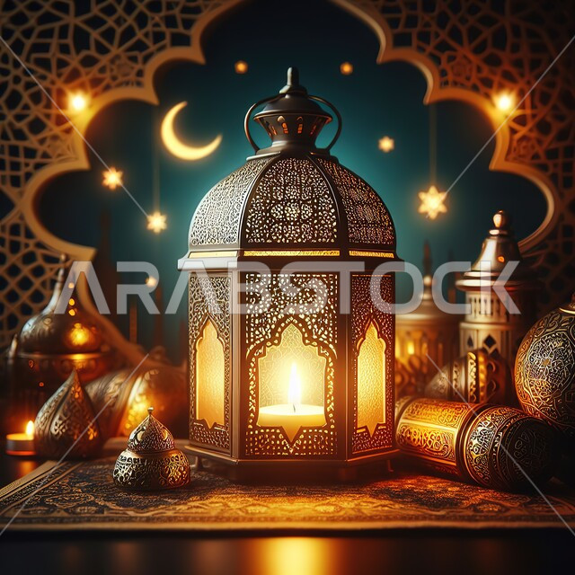 فانوس عربي معدني مزخرف مضيء، الفن الاسلامي للزينة والاكسسوارات، فوانيس و تحف اسلامية تقليدية للاحتفال بقدوم شهر الخير، ديكورات وأنوار في الأجواء الرمضانية الروحانية، بطاقة تهنئة للاحتفال بقدوم شهر رمضان المبارك
