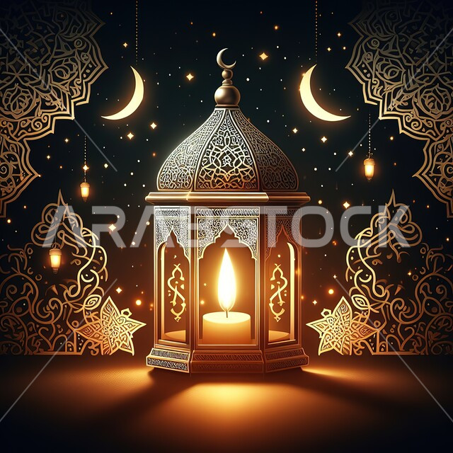 Islamic art for decorations and accessories, traditional Islamic lanterns and antiques to celebrate the advent of the blessed month, decorations and lights in the spiritual Ramadan atmosphere, a luminous decorative metal Arabic lantern, a greeting card to celebrate the advent of the holy month of Ramadan.