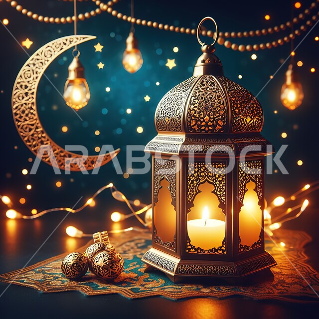 فوانيس و تحف اسلامية تقليدية للاحتفال بقدوم شهر الخير، ديكورات وأنوار في الأجواء الرمضانية الروحانية، الفن الاسلامي للزينة والاكسسوارات، فانوس عربي معدني مزخرف مضيء، بطاقة تهنئة للاحتفال بقدوم شهر رمضان المبارك