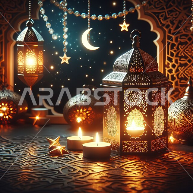 Decorations and lights in the spiritual Ramadan atmosphere, traditional Islamic lanterns and antiques to celebrate the advent of the month of goodness, Islamic art for decorations and accessories, a luminous decorative metal Arabic lantern, a greeting card to celebrate the advent of the holy month of Ramadan.