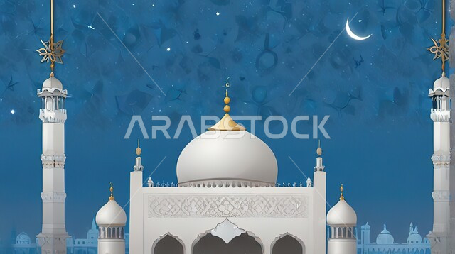 Islamic decorations and drawings of architectural engineering designs for an Islamic mosque, three-dimensional models of mosques and domes, a Ramadan and spiritual background, greeting cards on the occasion of holidays and religious occasions, worship and getting closer to God.