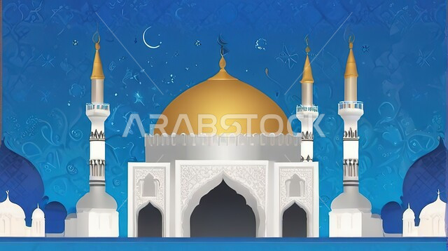 مجسمات ثلاثية الابعاد للمساجد والقبب، خلفية رمضانية وروحانية، بطاقات تهنئة بمناسبة الأعياد والمناسبات الدينية، العبادة والتقرب إلى الله، زخارف اسلاميه ورسومات لتصاميم الفن الهندسي المعماري لجامع إسلامي