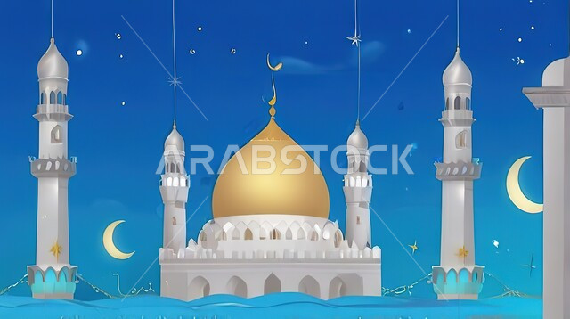 بطاقات تهنئة بمناسبة الأعياد والمناسبات الدينية، خلفية رمضانية وروحانية، مجسمات ثلاثية الابعاد للمساجد والقبب، العبادة والتقرب إلى الله، زخارف اسلاميه ورسومات لتصاميم الفن الهندسي المعماري لجامع إسلامي