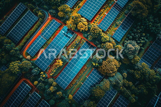 محطات الطاقات الشمسية المتجددة, مفهوم انتاج الطاقة البديلة الصديقة للبيئة في المملكة العربية السعودية, تطوير البنية التحتية الحضرية والريفية, صورة من الأعلى لمجموعه من ألواح الطاقة الكهروضوئية بين النباتات و الأشجار الخضراء