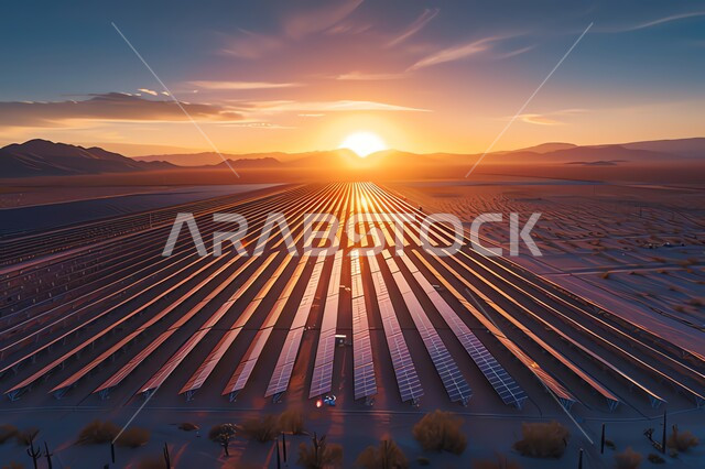 مفهوم انتاج الطاقة البديلة الصديقة للبيئة في المملكة العربية السعودية, منظر السماء المليئة بالغيوم البيضاء فوق القمم و المرتفعات الجبلية وقت غروب الشمس، محطات الطاقات الشمسية المتجددة, صورة من الأعلى لألواح الطاقة الكهروضوئية