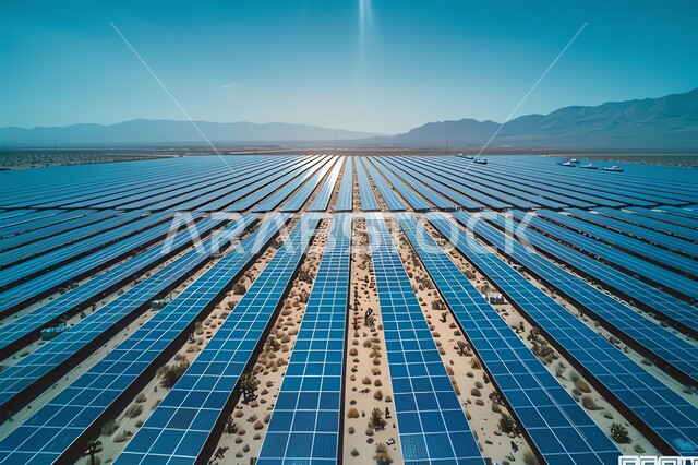 محطات الطاقات الشمسية المتجددة, مفهوم انتاج الطاقة البديلة الصديقة للبيئة في المملكة العربية السعودية, الرمال الذهبية الناعمة , صورة من الأعلى لألواح الطاقة الكهروضوئية وسط الصحراء في وقت النهار