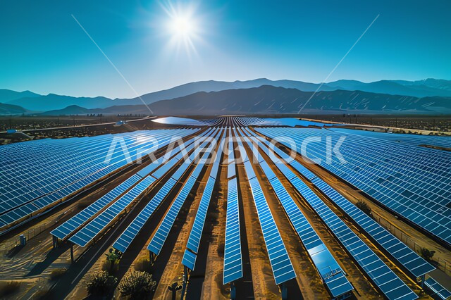 مفهوم انتاج الطاقة البديلة الصديقة للبيئة في المملكة العربية السعودية, الرمال الذهبية الناعمة ,محطات الطاقات الشمسية المتجددة, صورة من الأعلى لألواح الطاقة الكهروضوئية وسط الصحراء في وقت النهار