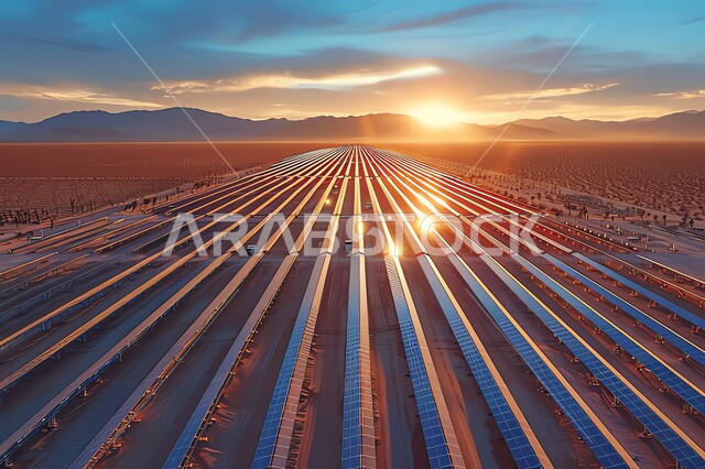 محطات الطاقات الشمسية المتجددة, مفهوم انتاج الطاقة البديلة الصديقة للبيئة في المملكة العربية السعودية, منظر السماء المليئة بالغيوم البيضاء فوق القمم و المرتفعات الجبلية وقت غروب الشمس، صورة من الأعلى لألواح الطاقة الكهروضوئية