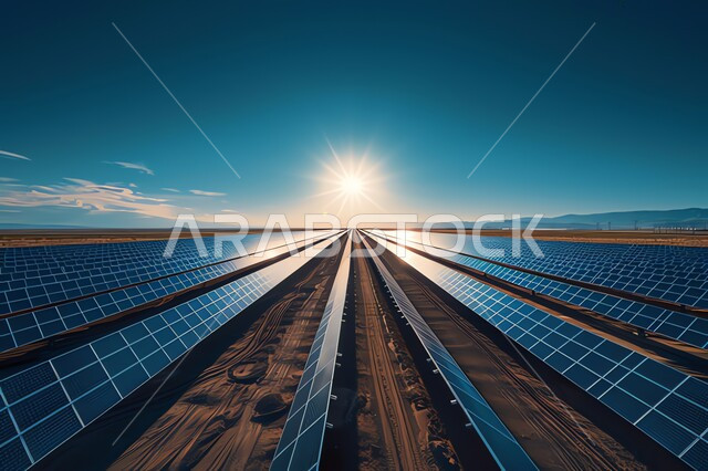 الرمال الذهبية الناعمة ,محطات الطاقات الشمسية المتجددة, مفهوم انتاج الطاقة البديلة الصديقة للبيئة في المملكة العربية السعودية, صورة من الأعلى لألواح الطاقة الكهروضوئية وسط الصحراء وقت شروق الشمس