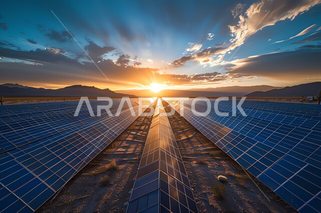 منظر السماء المليئة بالغيوم البيضاء فوق القمم و المرتفعات الجبلية وقت غروب الشمس، محطات الطاقات الشمسية المتجددة, مفهوم انتاج الطاقة البديلة الصديقة للبيئة في المملكة العربية السعودية, صورة من الأعلى لألواح الطاقة الكهروضوئية