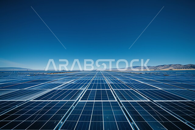 Developing urban and rural infrastructure, renewable solar energy stations, the concept of producing environmentally friendly alternative energy in the Kingdom of Saudi Arabia, a picture from above of a group of photovoltaic energy panels