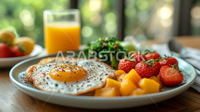 كوب من العصير الطازج المغذي، وجبة فطور صباحية مفيدة وسريعة، الاومليت اللذيذ المليء بالبروتينات الصحية، وجبات ومأكولات للحميات الغذائية، طبق البيض المقلي مع الفواكه والفلفل الحار، أطباق إفطار تقليدية