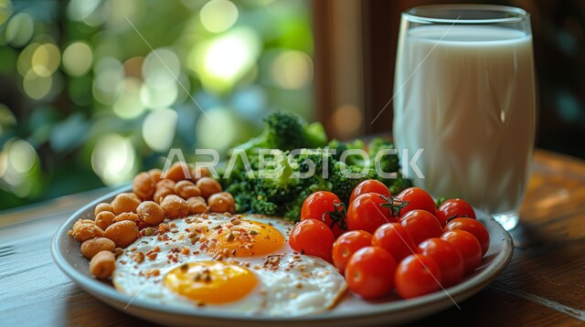  وجبة فطور صباحية مفيدة وسريعة، الاومليت اللذيذ المليء بالبروتينات الصحية، وجبات ومأكولات للحميات الغذائية، طبق البيض المقلي مع الطماطم والبروكلي والفلفل الحار، أطباق إفطار تقليدية، كوب من الحليب الطازج المغذي