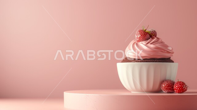 حلوى الكوب كيك المزين بالكريمة والتوت البري، فنون تقديم الطعام في مطاعم المملكة العربية السعودية، أطباق من الحلويات العربية الشرقية الشهية، المعجنات والمخبوزات اللذيذة