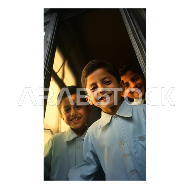 النظر الى الكاميرا بايماءات البشاشة والبراءة، مفهوم الاهتمام بالمظهر الخارجي للأولاد , صورة مقربة لأولاد عرب خليجيون سعوديون مبتسمون ، ارتداء الأزياء العربية التقليدية، تعابير الفرح والسرور