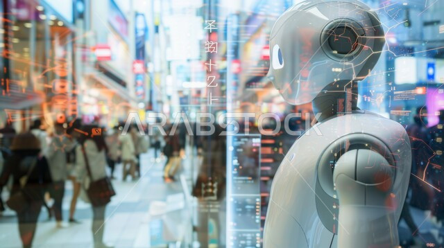 تطوير تقنيات الذكاء الاصطناعي والتعاون بينها وبين البشر ، رؤية مستقبلية تكنولوجية سعودية 2030 ، مفهوم التحول الرقمي ، صورة مقربة لرجل آلي حديث ومتطور ، التقدم والتطور التقني وتحقيق الثورة الصناعية