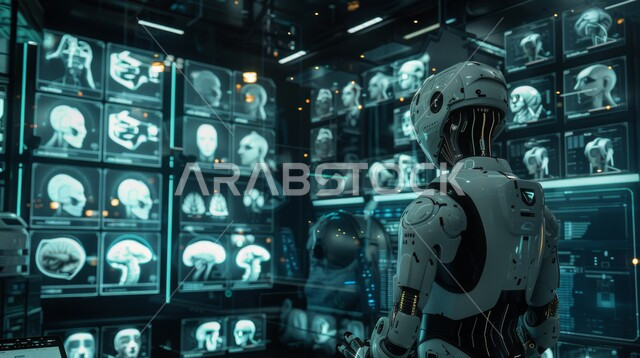 رؤية مستقبلية تكنولوجية سعودية 2030 ، تطوير تقنيات الذكاء الاصطناعي والتعاون بينها وبين البشر ، مفهوم التحول الرقمي ، صورة مقربة من الخلف لرجل آلي حديث ومتطور ، التقدم والتطور التقني وتحقيق الثورة الصناعية