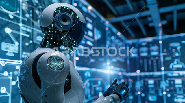 مفهوم التحول الرقمي ، رؤية مستقبلية تكنولوجية سعودية 2030 ، تطوير تقنيات الذكاء الاصطناعي والتعاون بينها وبين البشر ، صورة مقربة لرجل آلي حديث ومتطور ، التقدم والتطور التقني وتحقيق الثورة الصناعية
