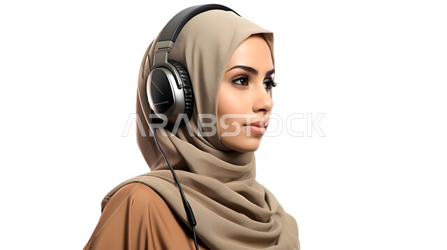 الاستمتاع بالتقنيات والتكنولوجيا الحديثة، بورتريه لفتاة عربية خليجية سعودية ترتدي الحجاب وسماعة الرأس تقوم بالإصغاء والاستماع إلى شيء ما، الاهتمام بالمظهر الخارجي، خلفية بيضاء