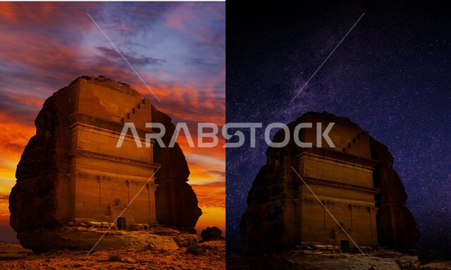 The tomb of Lahyan bin Kuza at night, ancient archaeological monuments in the Kingdom of Saudi Arabia, historical natural places to attract and attract tourists, Al-Farid Palace in Mada’in Saleh in Al-Ula Governorate at sunset, rock formations in desert areas