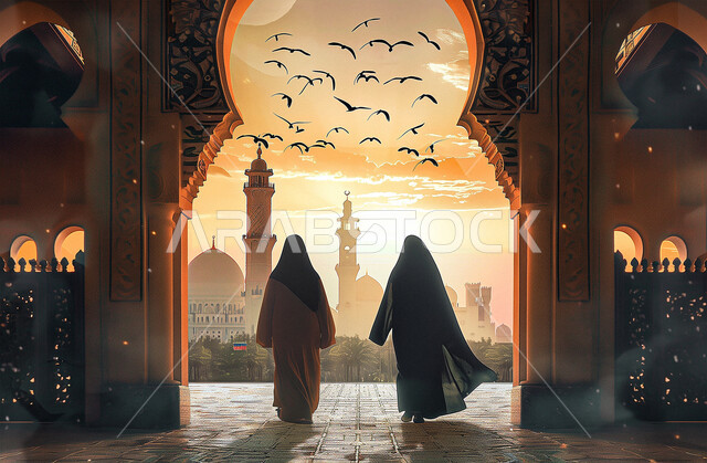 الديكورات والزخارف الاسلامية للأعمدة الداخلية للجوامع، الطيور المحلقة بالسماء المليئة بالغيوم، الفن الهندسي المعماري للمساجد في المملكة العربية السعودية، صورة من الخلف لسيدتان عربيتان خليجيتان محجبتان ترتديان العباءة التقليدية يسيرون في ممر المسجد