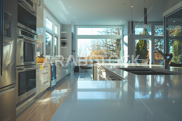 مطبخ بديكورات داخلية فخمة، فنون الهندسة المعمارية الحديثة للفلل والشقق السكنية في المملكة العربية السعودية، أدوات كهربائية متطورة بتقنيات عالية، واجهة زجاجية مطلة على الطبيعة