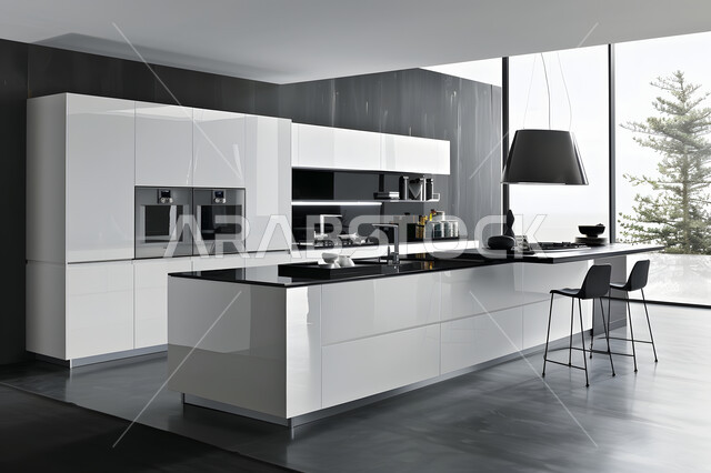 مطبخ عربي فاخر باللون الأبيض والأسود، فنون التصاميم الداخلية للفلل والشقق السكنية في المملكة، مطابخ بديكورات عصرية في السعودية، واجهة زجاجية مطلة على الطبيعة