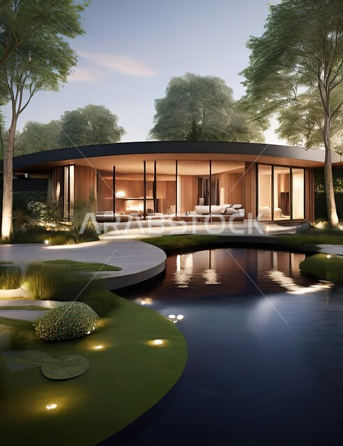 Integrating modern designs with nature, areas for relaxation and contemplation, enjoying the natural scenery at night, trees and green plants, luxury residential apartments and villas in Saudi Arabia, elegant outdoor decorations for the swimming pool, architectural arts in a modern and elegant style.