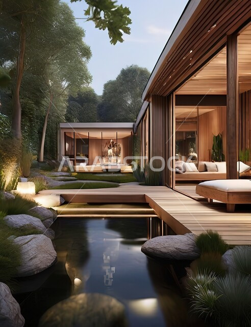 الفنون الهندسية المعمارية على الطراز الحديث والانيق، دمج التصاميم العصرية بالطبيعة، شقق و فلل سكنية فاخرة في السعودية، الديكورات الخارجية الراقية لبركة السباحة، الاستمتاع بالمناظر الطبيعية، مناطق للاسترخاء والـتأمل، الأشجار والنباتات الخضراء