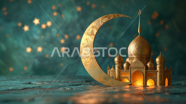 Islamic decorations and drawings, architectural engineering art of an Islamic mosque, three-dimensional models of mosques and domes in golden color, Ramadan and spiritual background, religious holidays and occasions, worship and getting closer to God