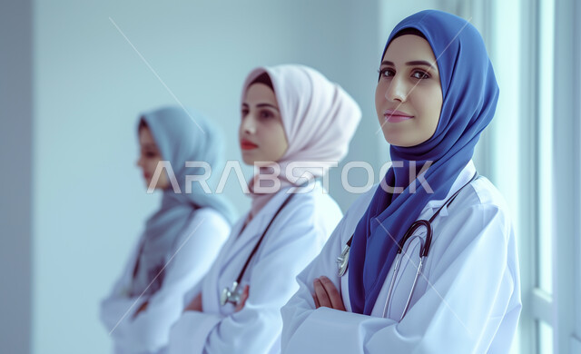تقديم الخدمات العلاجية والفحوصات الطبية للمرضى، صورة مقربة لطبيبات عربيات خليجيات سعوديات محجبات يرتدين معطف الطبيب والسماعة الطبية، الوقوف بأيدي مكتوفة والنظر إلى شيء ما، الاهتمام بالمظهر الخارجي، العمل في مجال الصحة