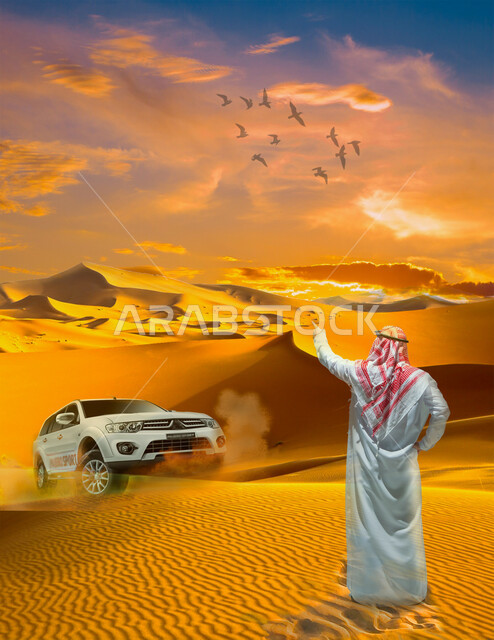 التشكلات والكثبان الرملية، المناطق الصحراوية في المملكة العربية السعودية، صورة من الخلف لرجل سعودي يرتدي الزي التقليدي يشير إلى سيارة رانج روفر رباعية الدفع، منظر السماء المليئة بالغيوم