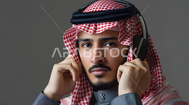 استخدام تقنية الهيدفون، التواصل مع الأهل والأصدقاء، انجاز المهام عن بعد, بورتريه مقرب لرجل عربي سعودي خليجي يرتدي الزي التقليدي والشماغ يضع سماعه الرأسينظر الى الكاميرا بإيماءات الجدية، إجراء مكالمات صوتية، التطور التقني والتكنولوجي, خلفية بيضاء